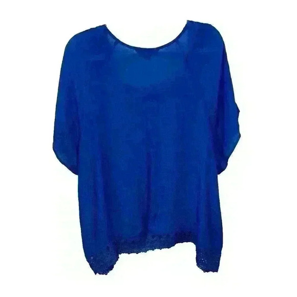 Zac & Rachel Womens 2X Blue Crocheted Tunic Blouse Top Draped Sides Short Sleeve - Picture 13 of 13